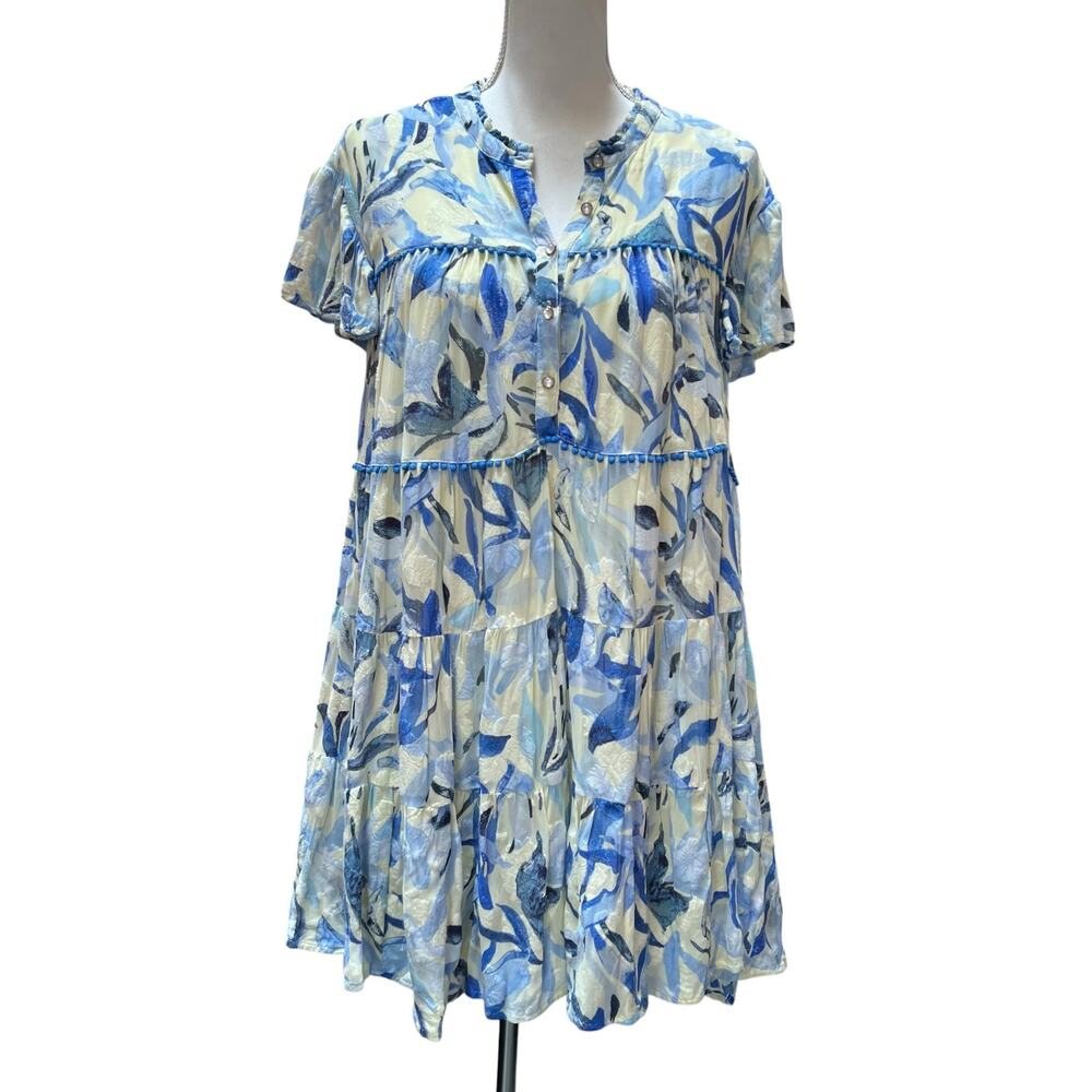 RAHI Medium Blue Floral Tiered Boho Dress Short Sleeve Flowy Viscose EUC